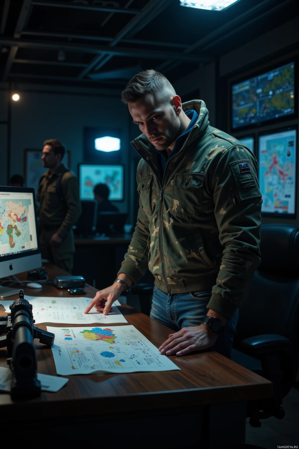 A man in a camouflage jacket stands in a dimly lit room with a map and computer screens in the background.