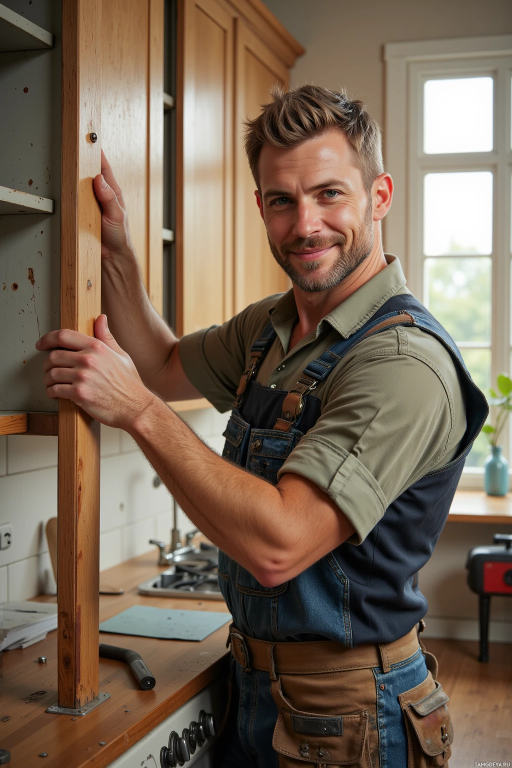 A man in overalls stands in a kitchen, holding a wooden beam.
