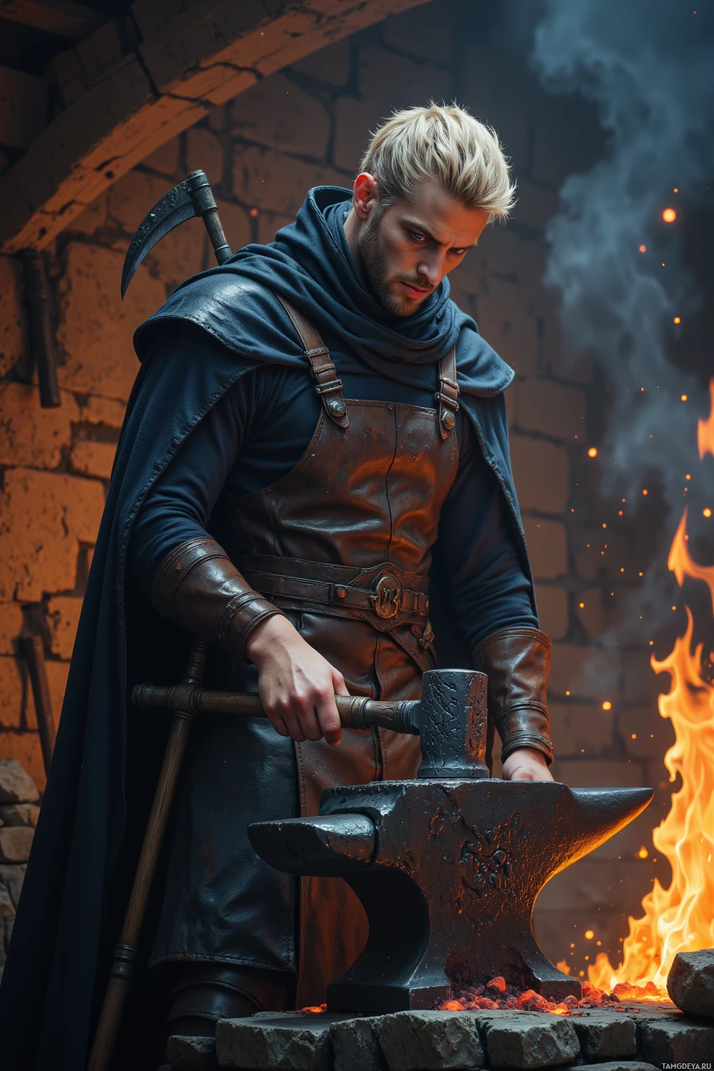 A man in a medieval-style outfit stands at an anvil, hammer in hand, with a forge in the background.