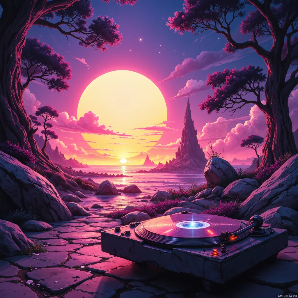 A surreal landscape featuring a large sun setting over a body of water, with a futuristic turntable in the foreground.