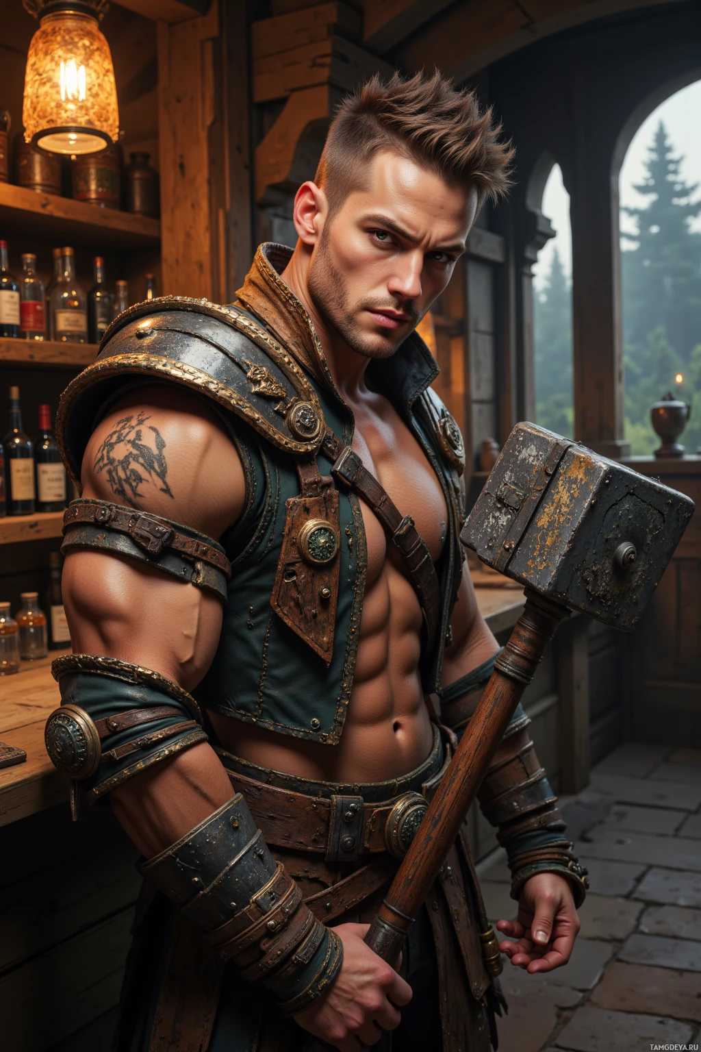 A muscular man in a detailed, rugged outfit holds a large hammer, standing in a rustic interior.