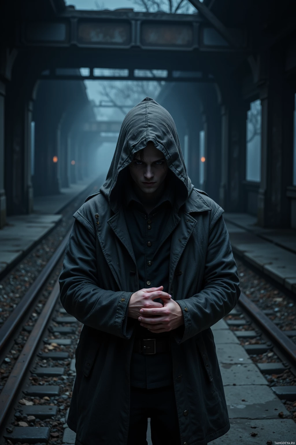 A hooded figure stands on a train platform in a dimly lit, foggy tunnel.