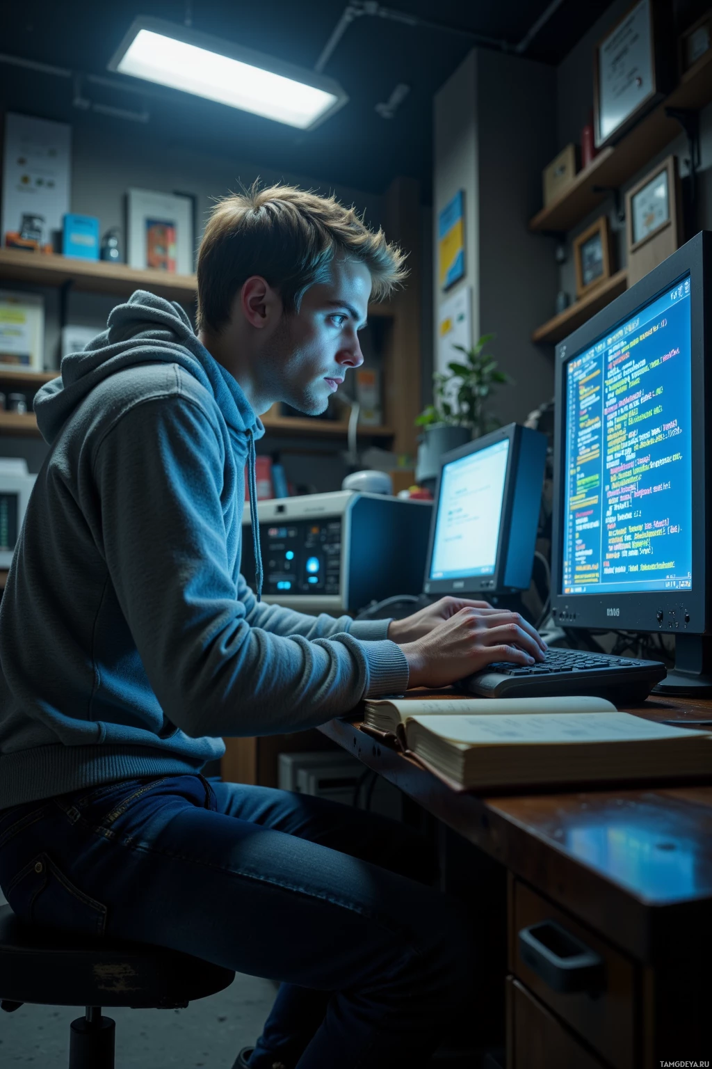 A person is sitting at a desk working on a computer with code displayed on the screen.