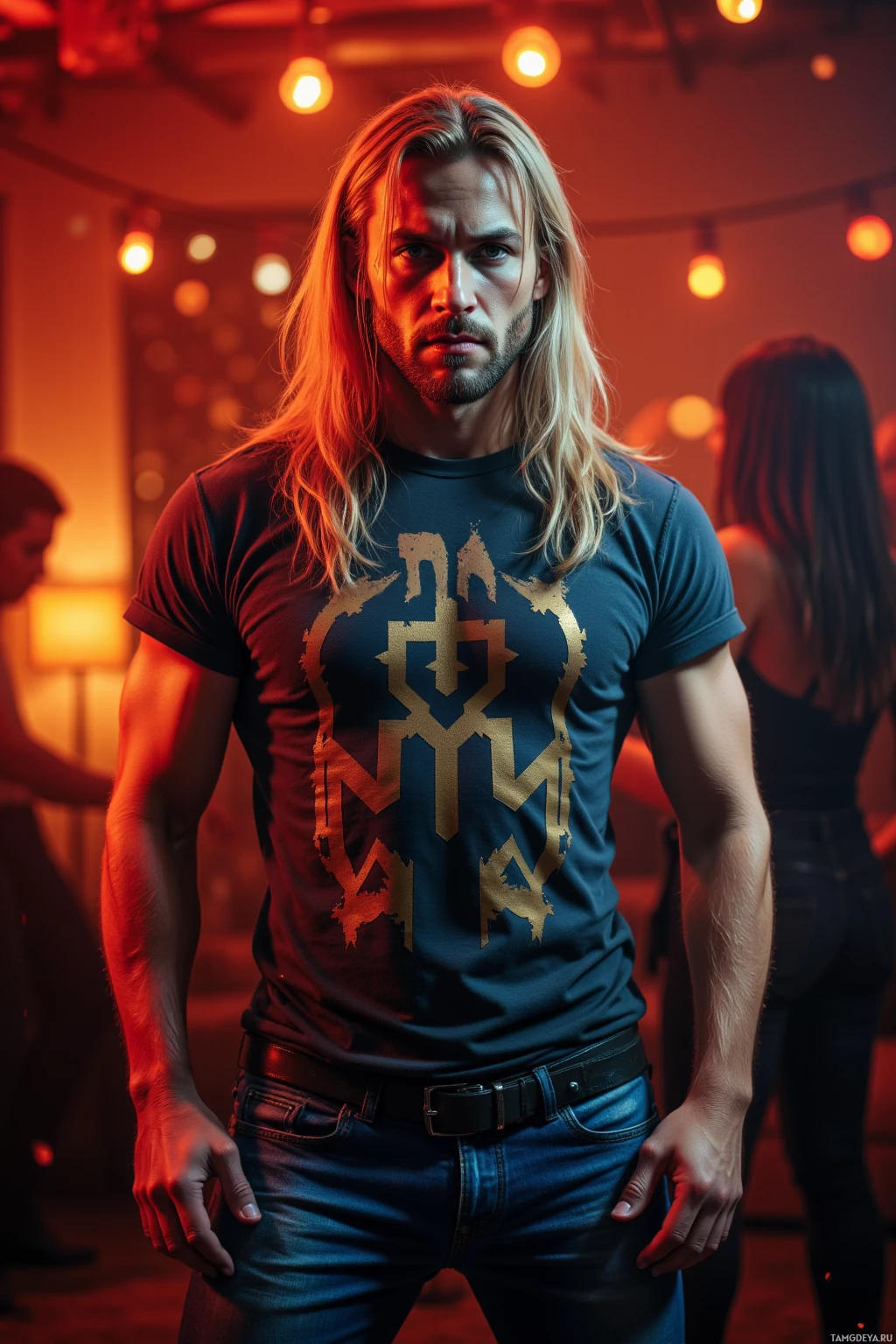 A man with long blonde hair stands confidently in a dimly lit room, wearing a dark t-shirt with a bold graphic and jeans.