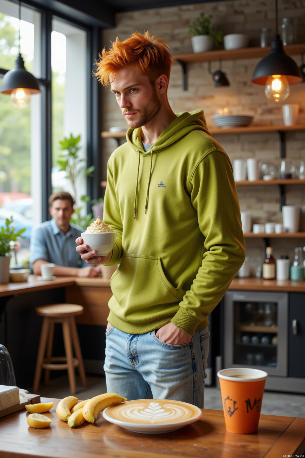 A man in a green hoodie stands in a cozy café, holding a bowl of food.