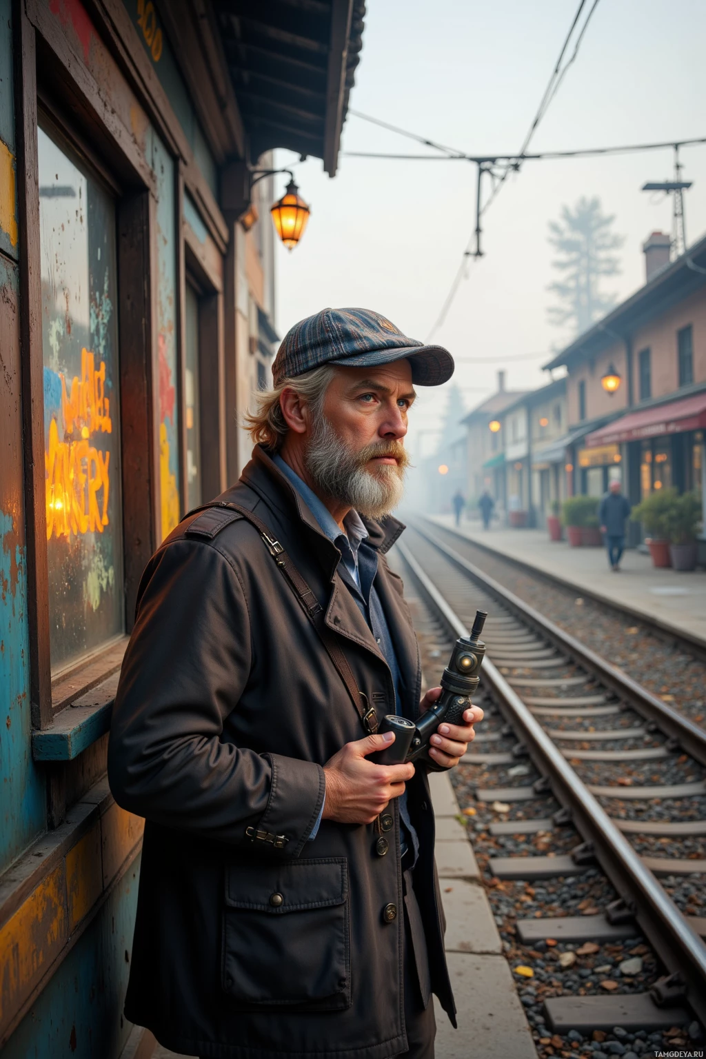 A man with a beard and cap stands on a train platform, holding a device, with a train track and buildings in the background.