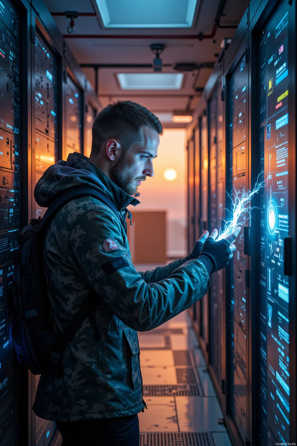 A person in a camouflage jacket interacts with a high-tech interface in a futuristic setting.