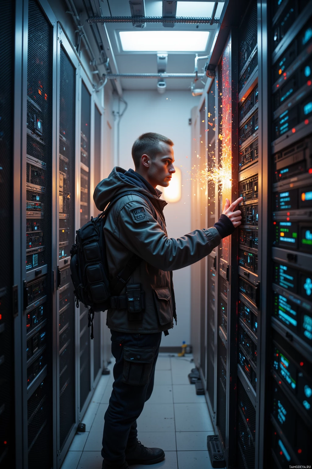 A person in a server room with glowing sparks near a server.