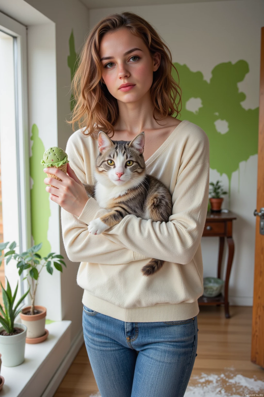 A woman holds a cat and an ice cream cone in a cozy indoor setting.