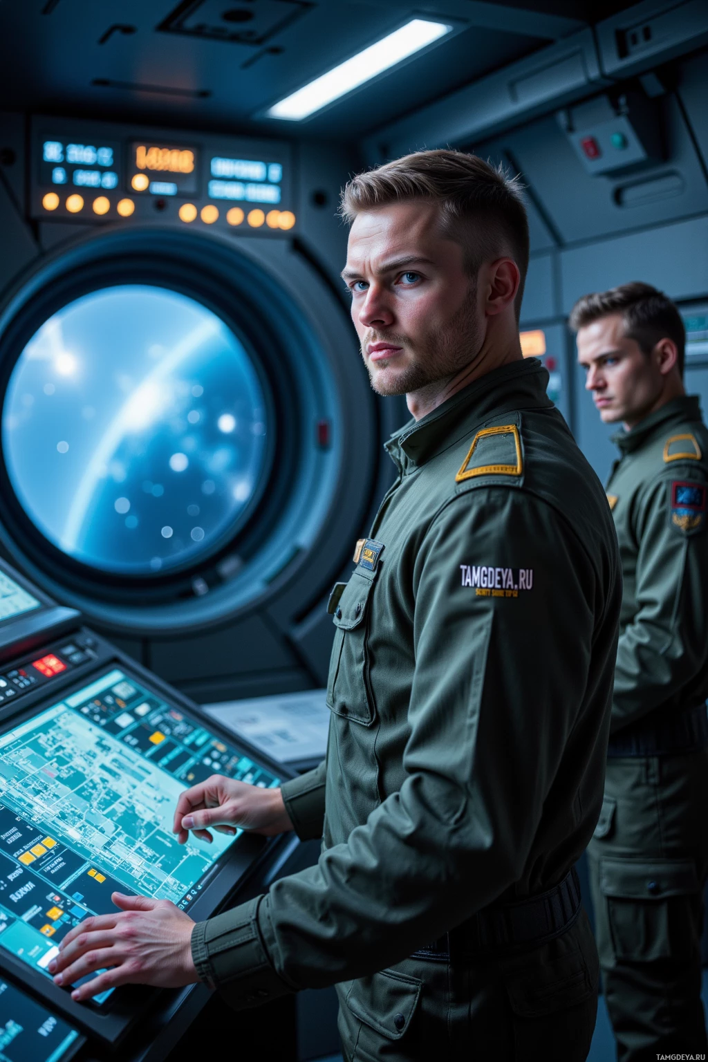 Two individuals in military uniforms are operating a control panel in a futuristic setting.