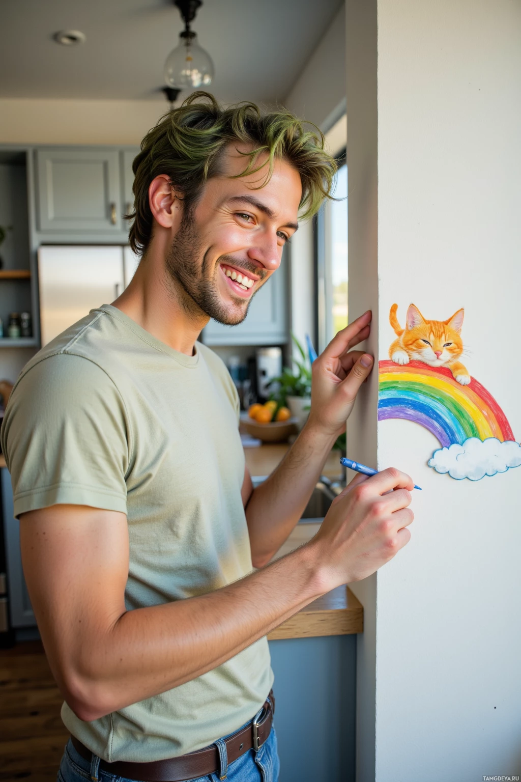 A man is painting a picture of a cat on a wall.
