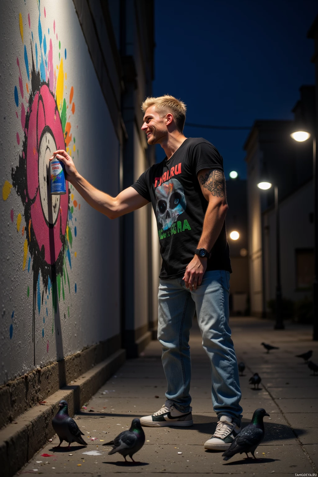 A person stands near a wall with colorful graffiti, holding a spray paint can.