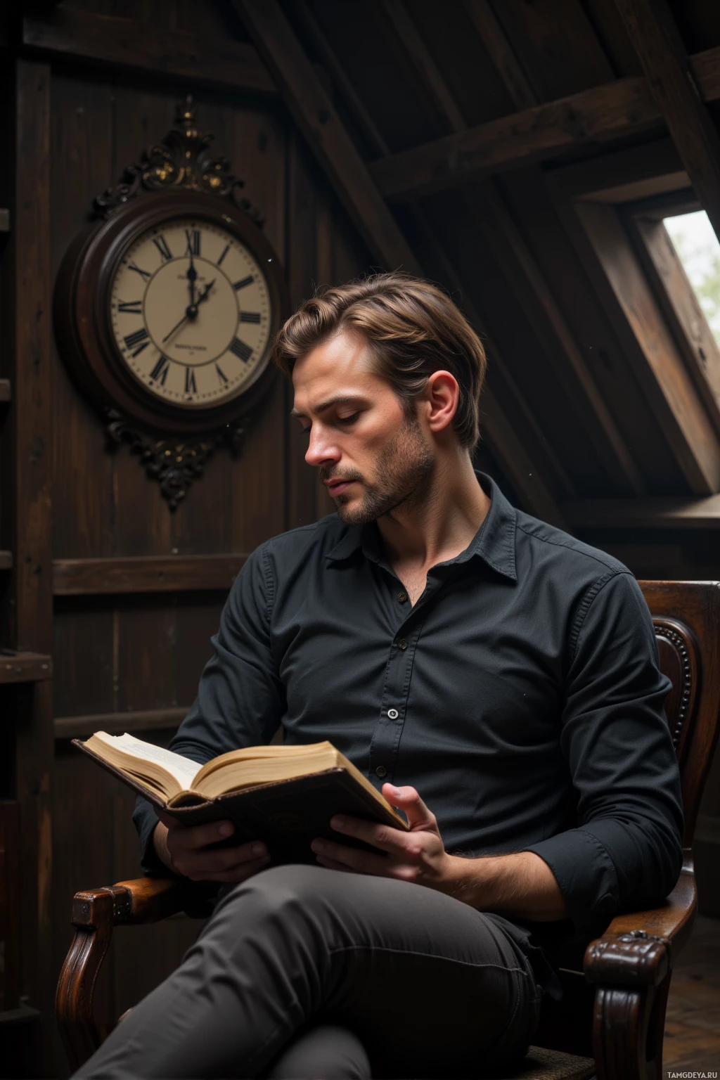 A man sits in a wooden chair, reading an open book in a room with a wooden ceiling and a clock on the wall.