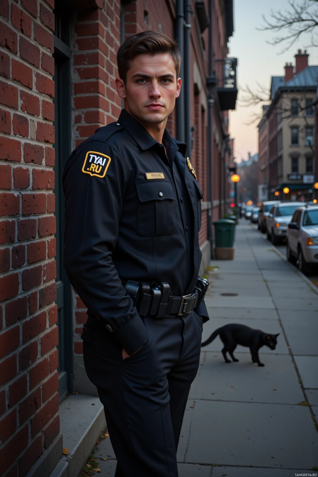 A police officer stands on a city sidewalk, leaning against a brick building.