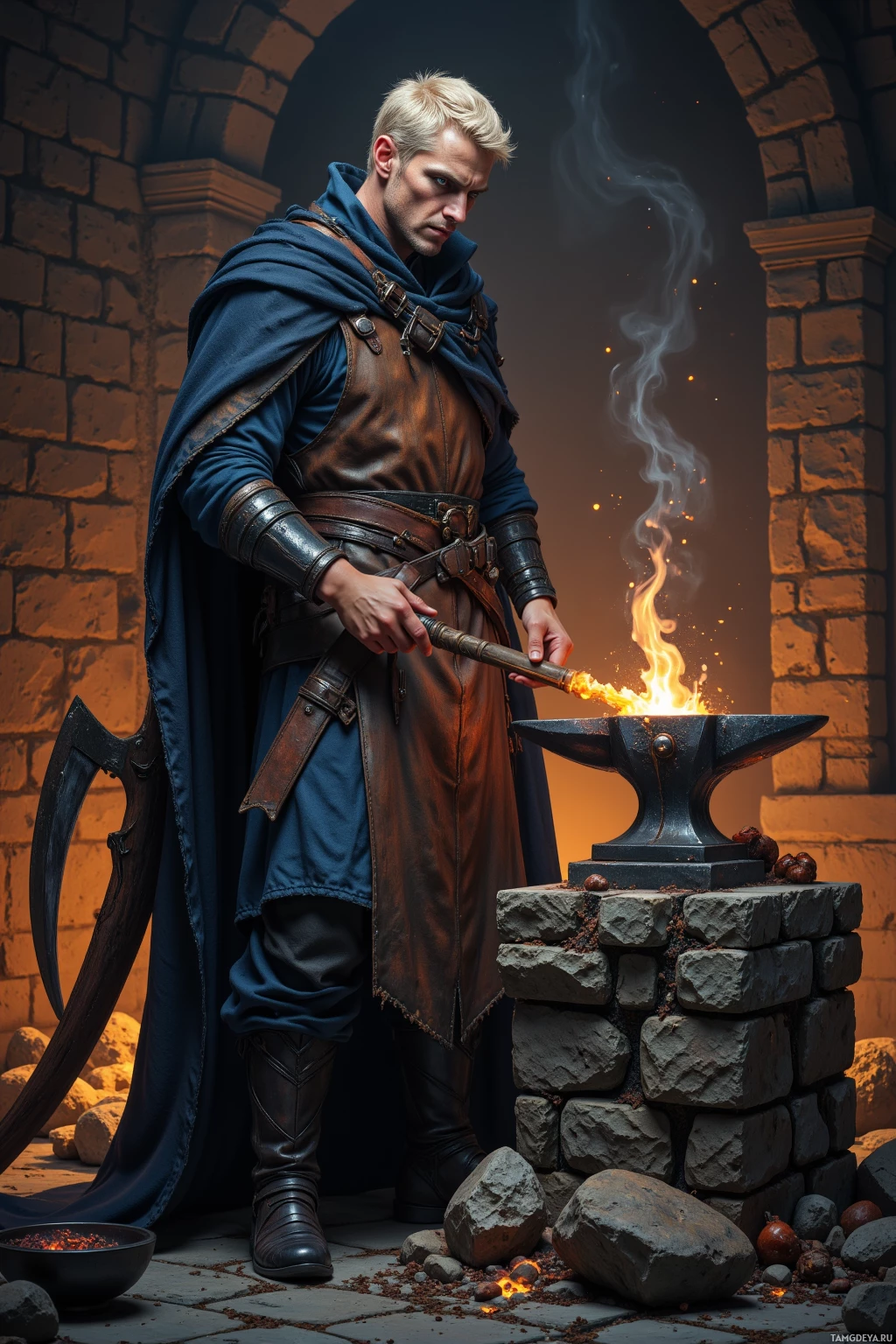 A man in medieval attire holds a flaming torch near an anvil in a stone-walled forge.