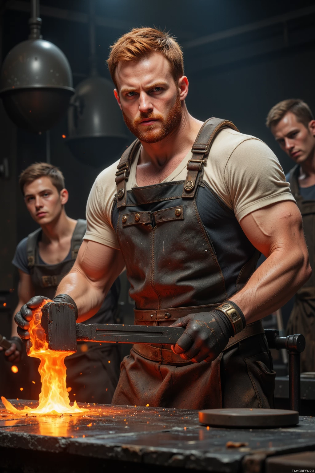 A muscular man in overalls holds a glowing hammer in a forge, with another individual in the background.