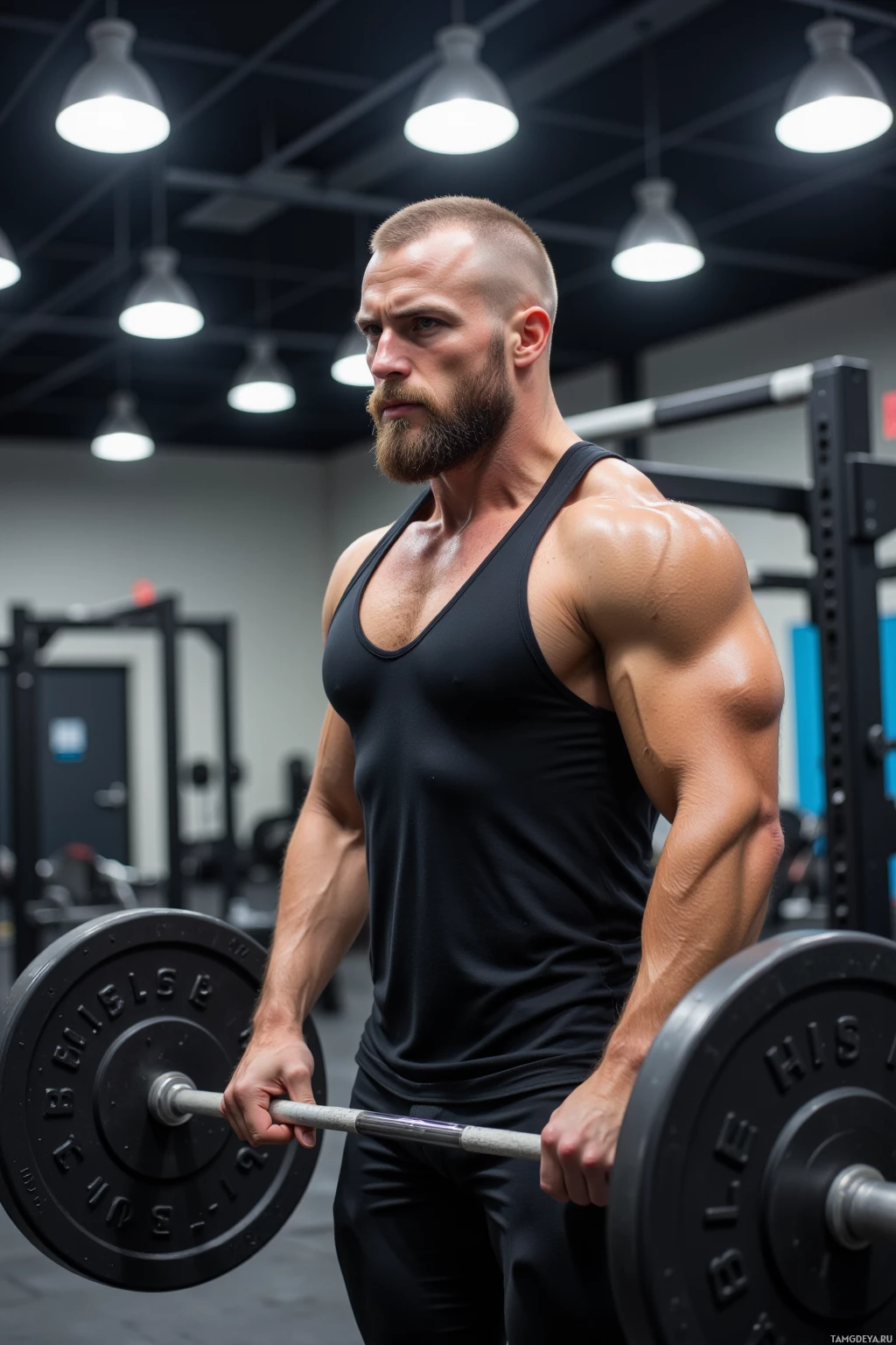 A muscular man in a gym holds a barbell.