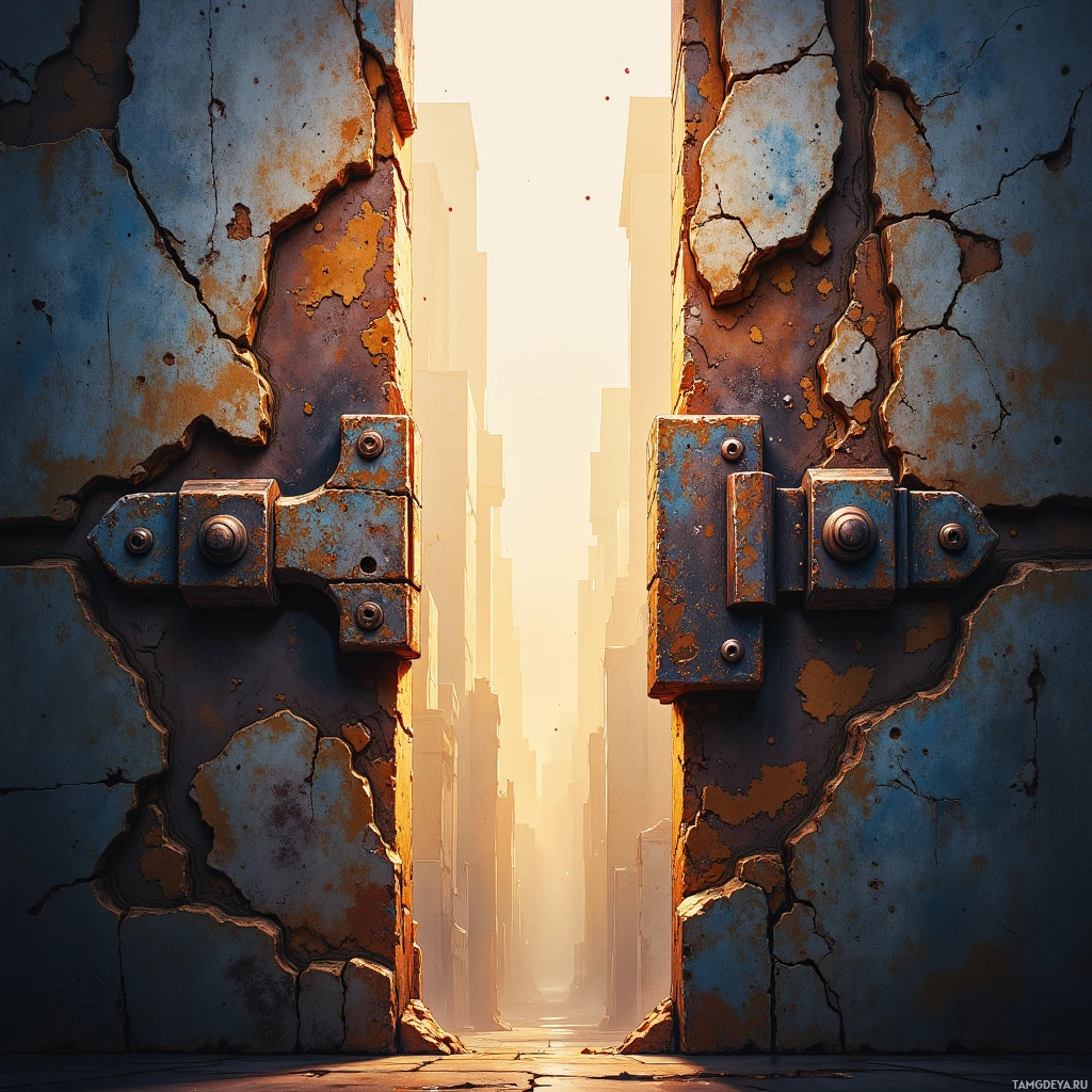 A cracked, rusted metal door opens to a bright, sunlit cityscape.