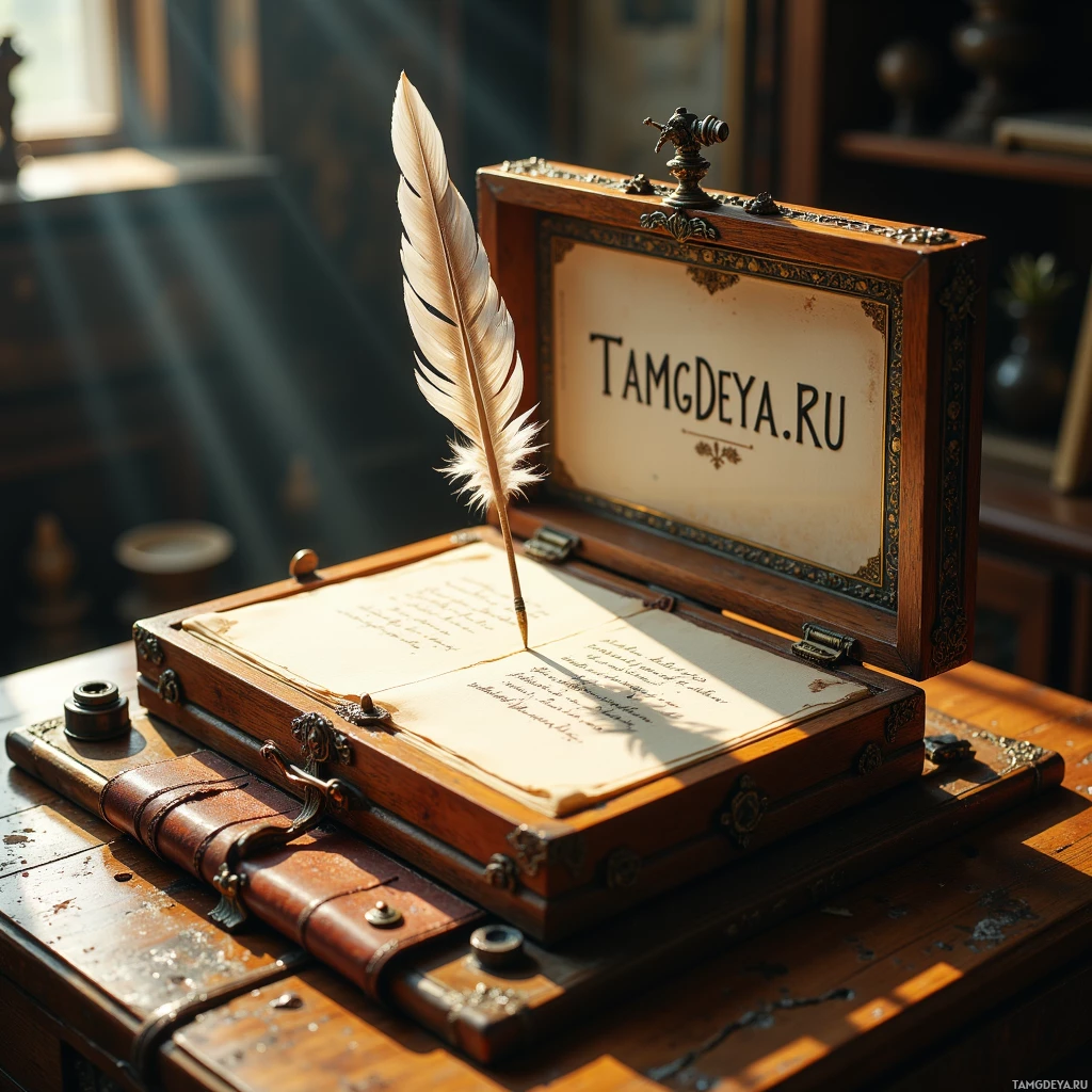 An open wooden box with a feather quill resting on a handwritten document inside.