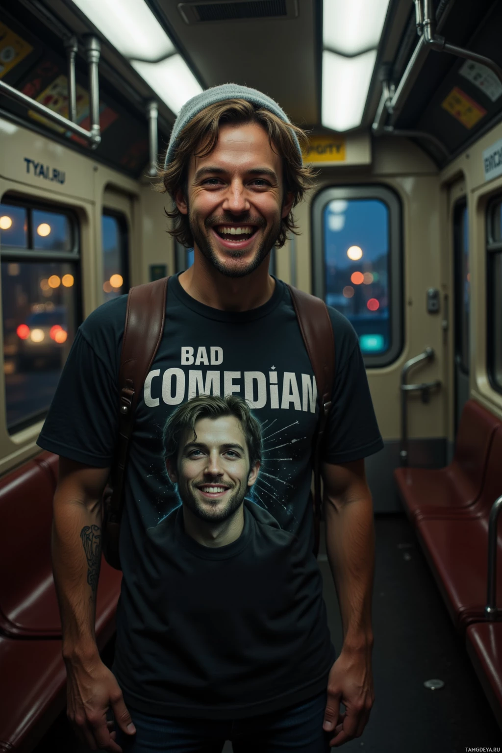 A man wearing a "Bad Comedian" t-shirt smiles on a train.
