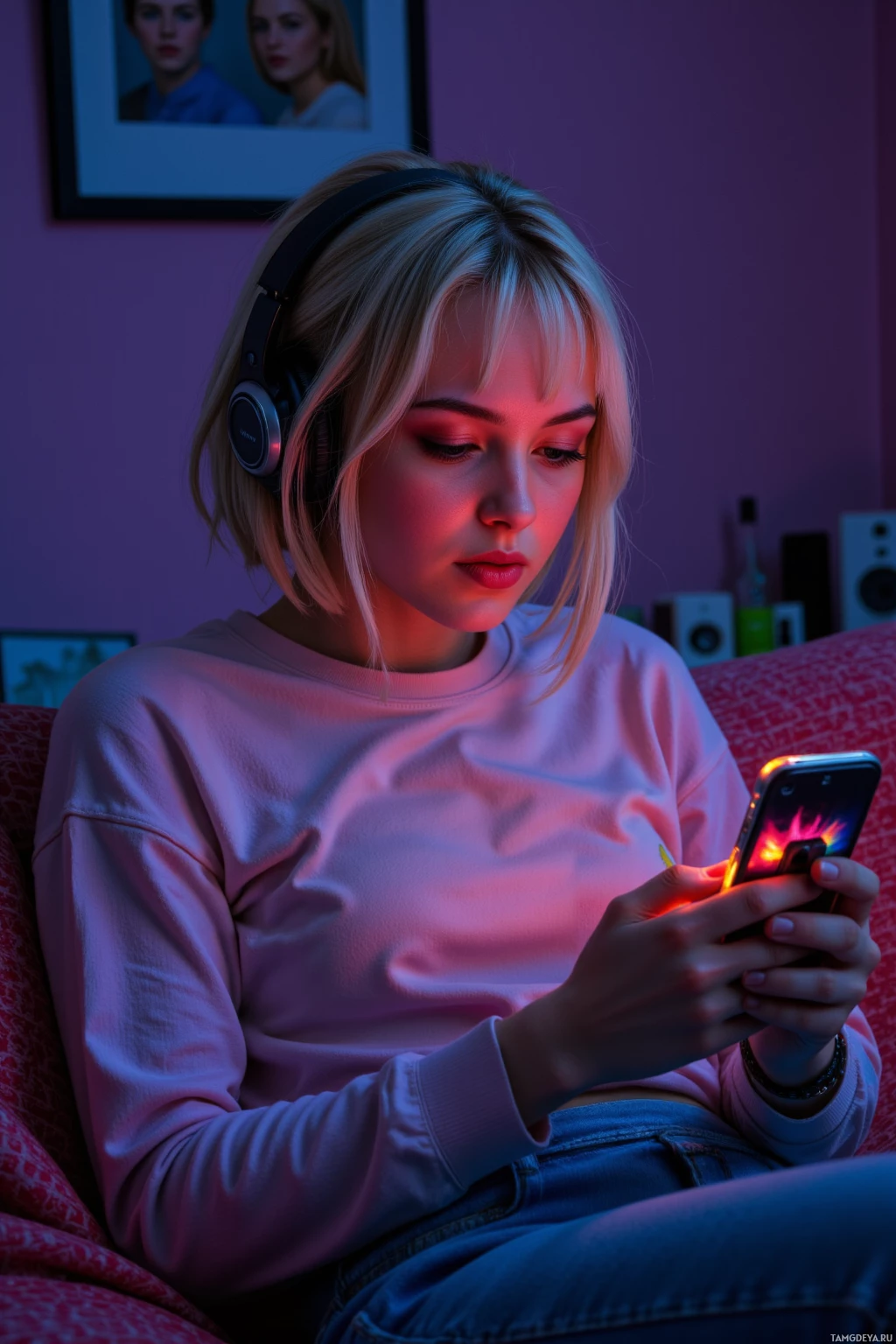 A person wearing headphones sits on a couch, looking at a smartphone in a dimly lit room with purple lighting.