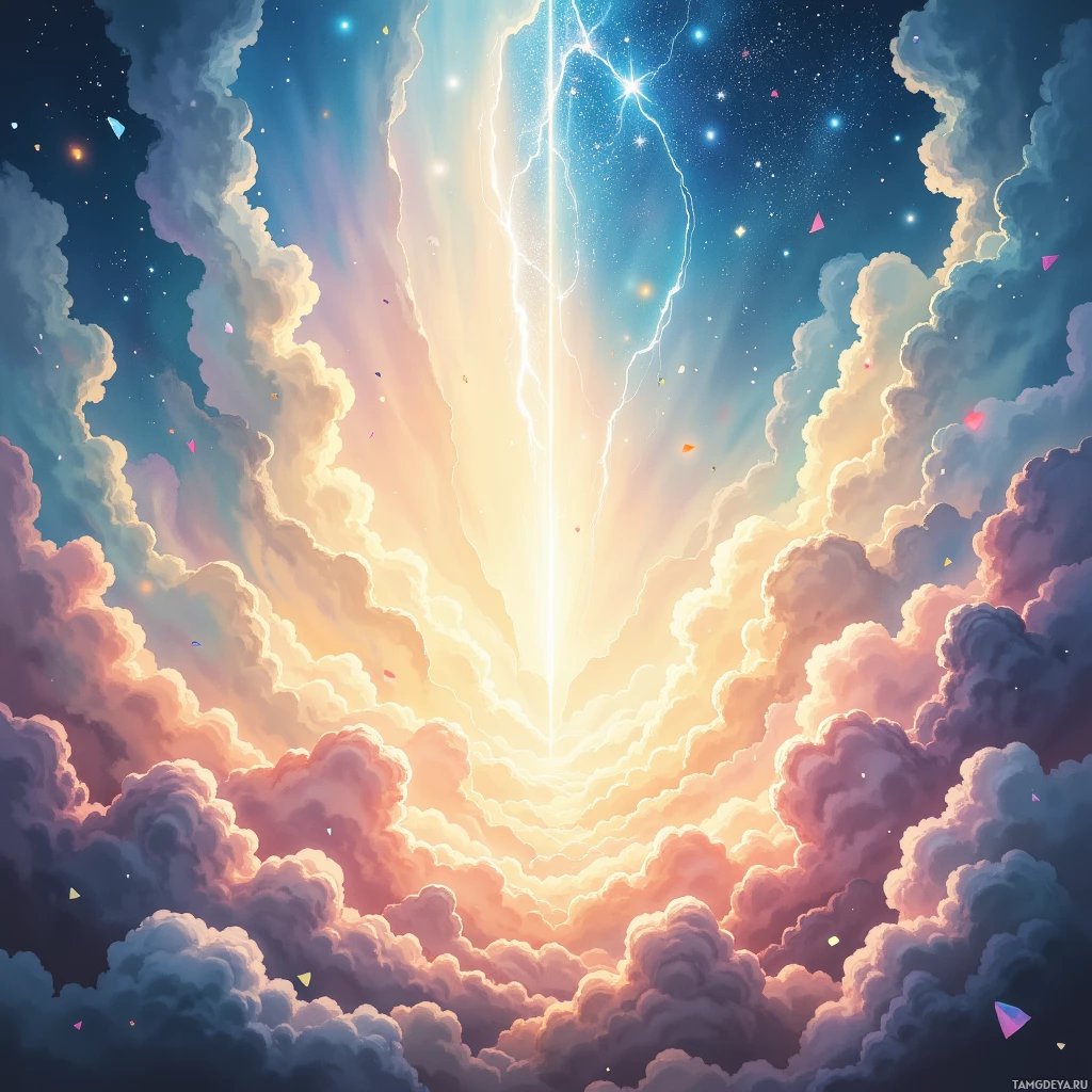 A vibrant sky with clouds, lightning, and stars.