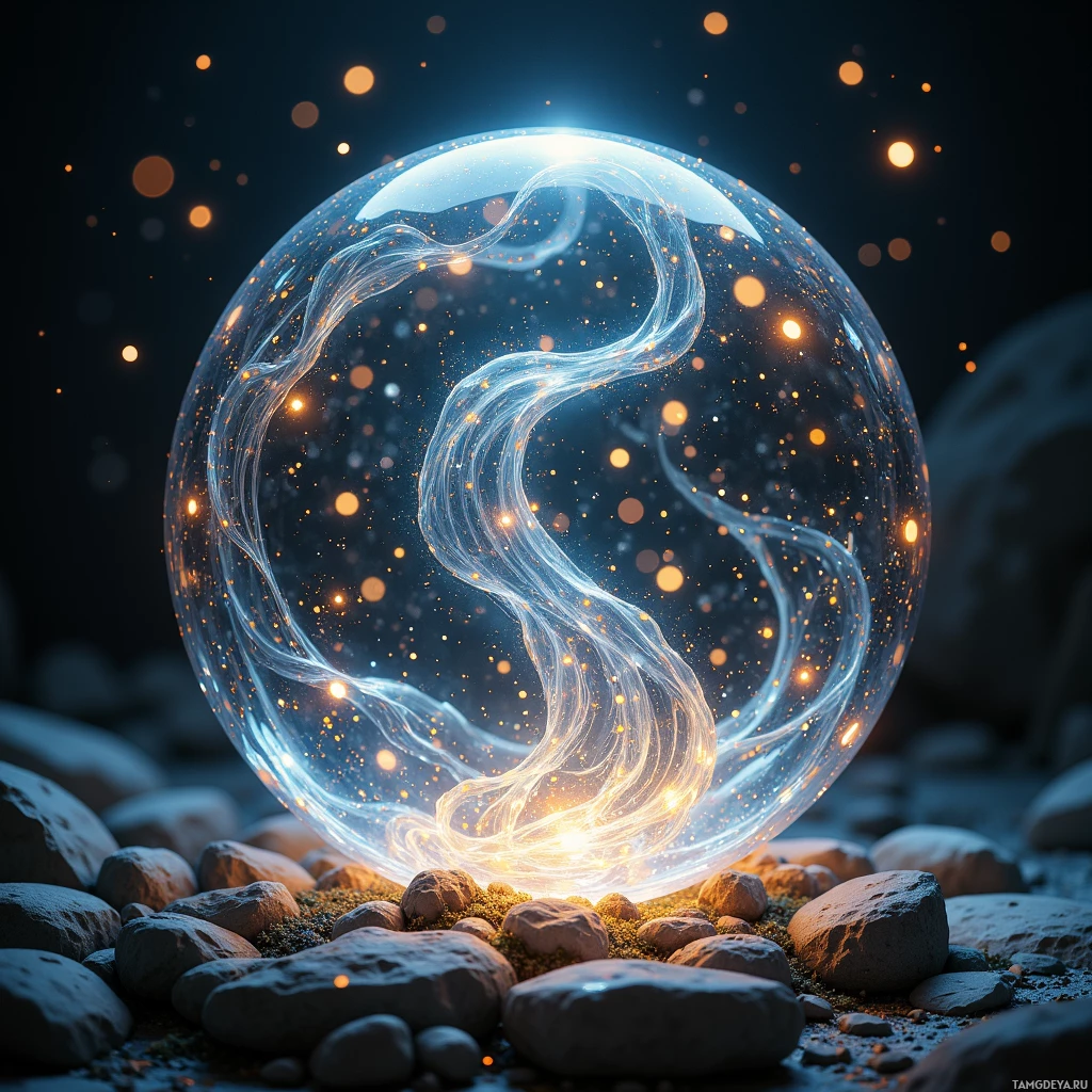 A glowing, ethereal sphere rests on a bed of rocks, emitting a soft, luminous light.