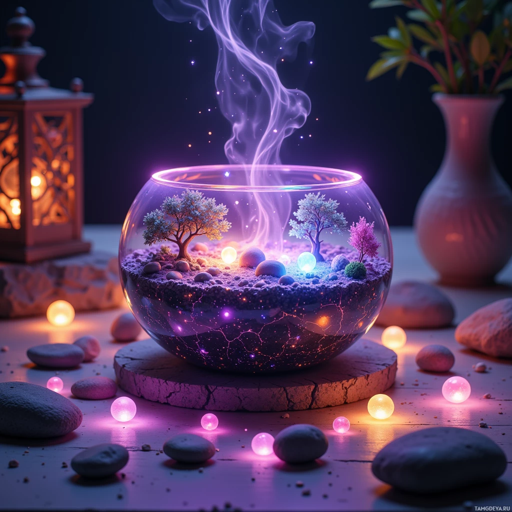 A glowing terrarium with trees, rocks, and a smoke effect in a glass bowl.