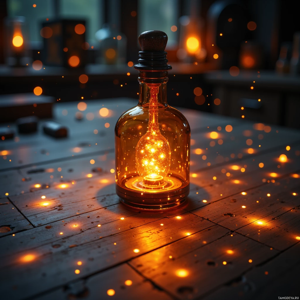 A glowing amber bottle with a cork sits on a wooden surface amidst scattered orange lights.