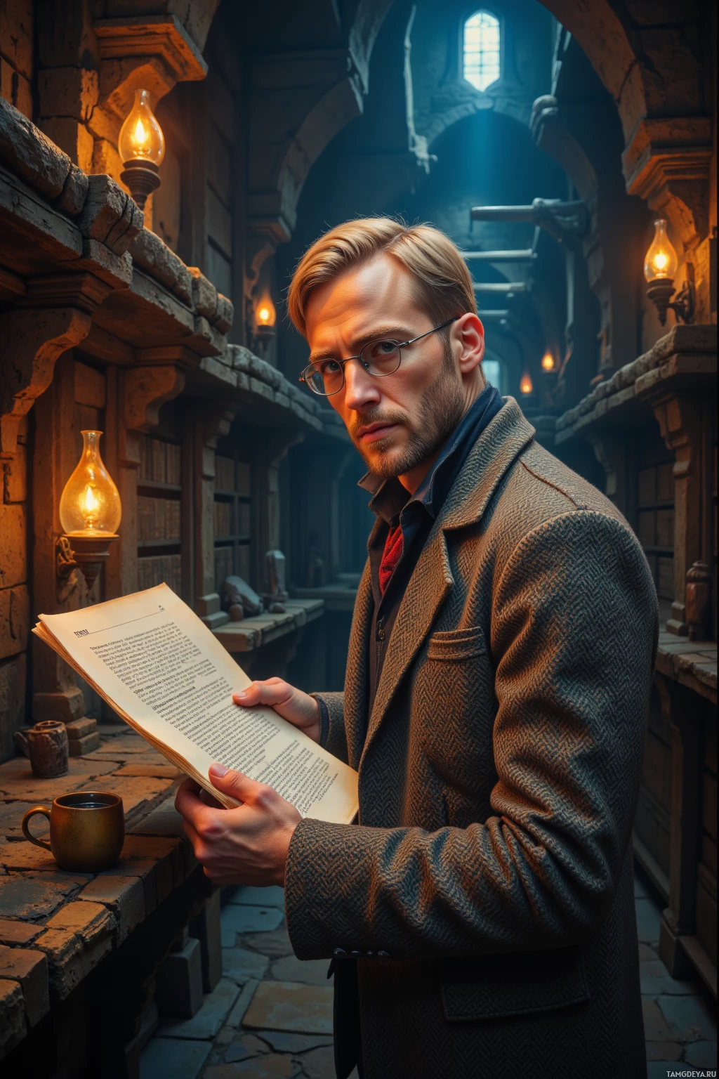 A man in a coat and glasses reads a book in a dimly lit, stone-walled room.