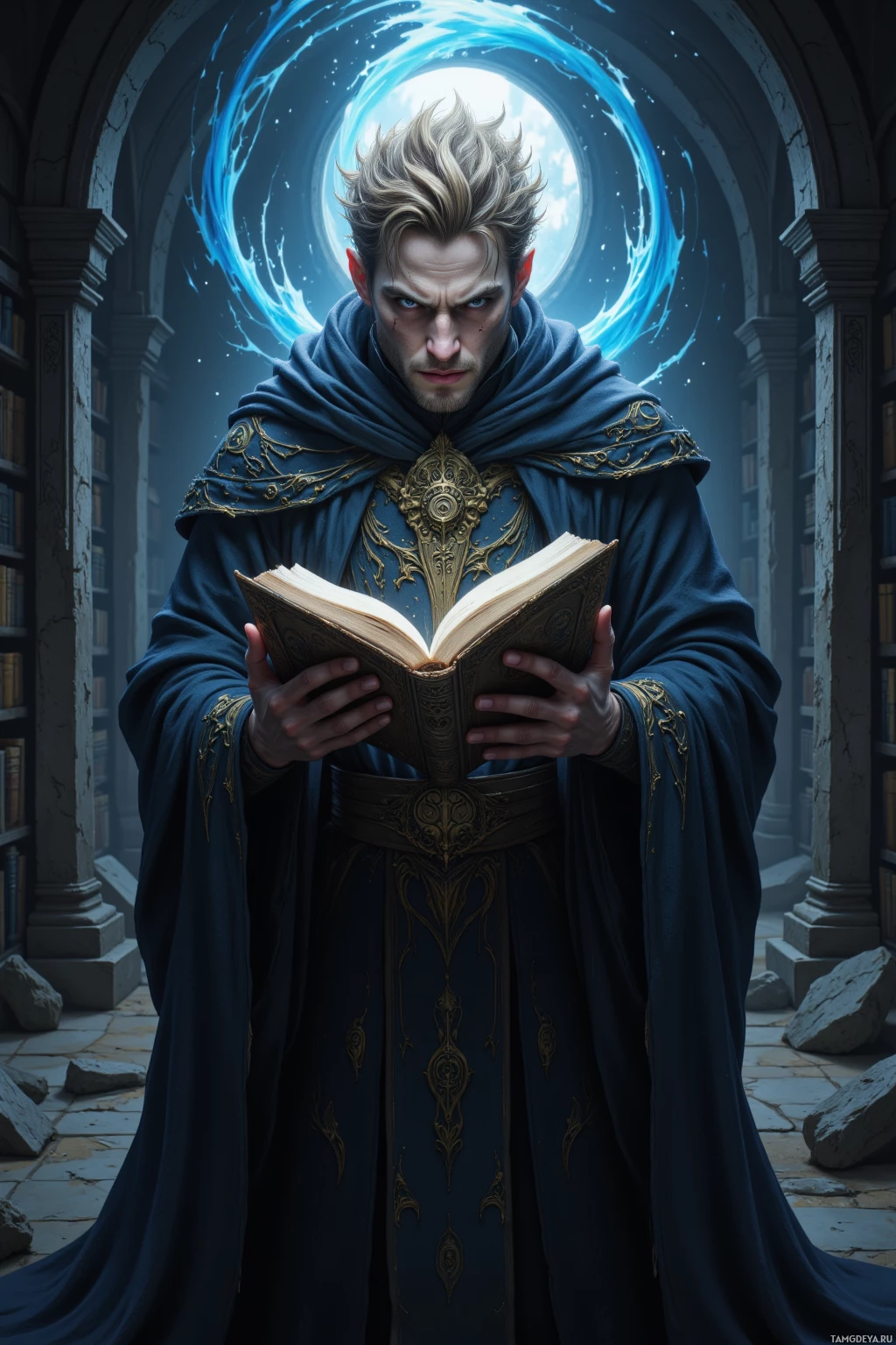 A man in a blue robe stands in a dimly lit, ancient library, holding an open book.