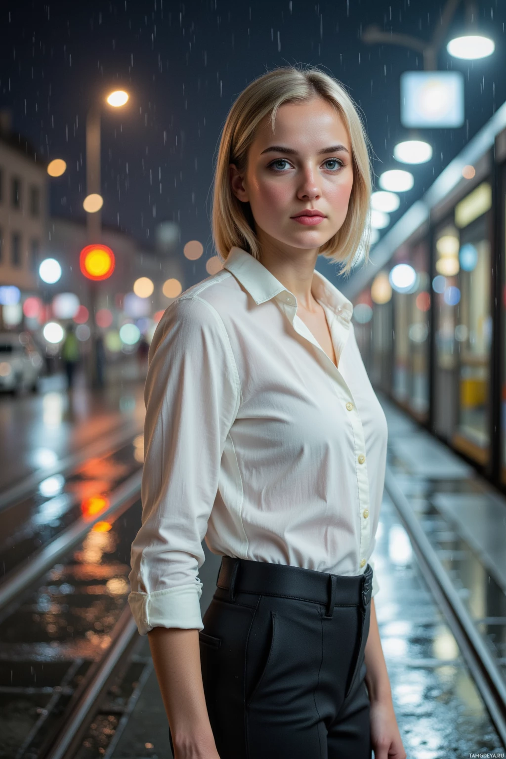 A woman stands on a wet street at night, wearing a white shirt and black pants, with rain falling and city lights in the background.