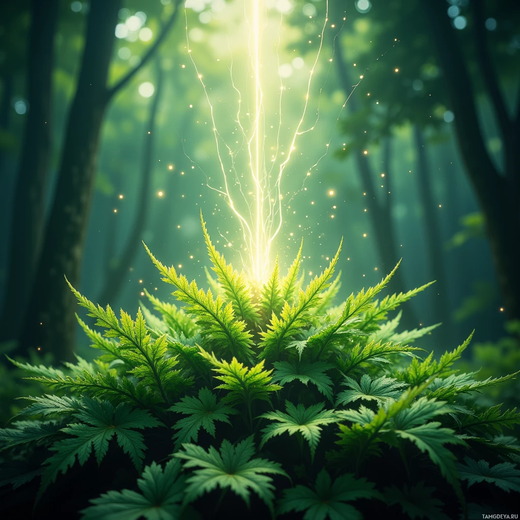 A lush green plant with delicate leaves is illuminated by a radiant light beam in a forest setting.