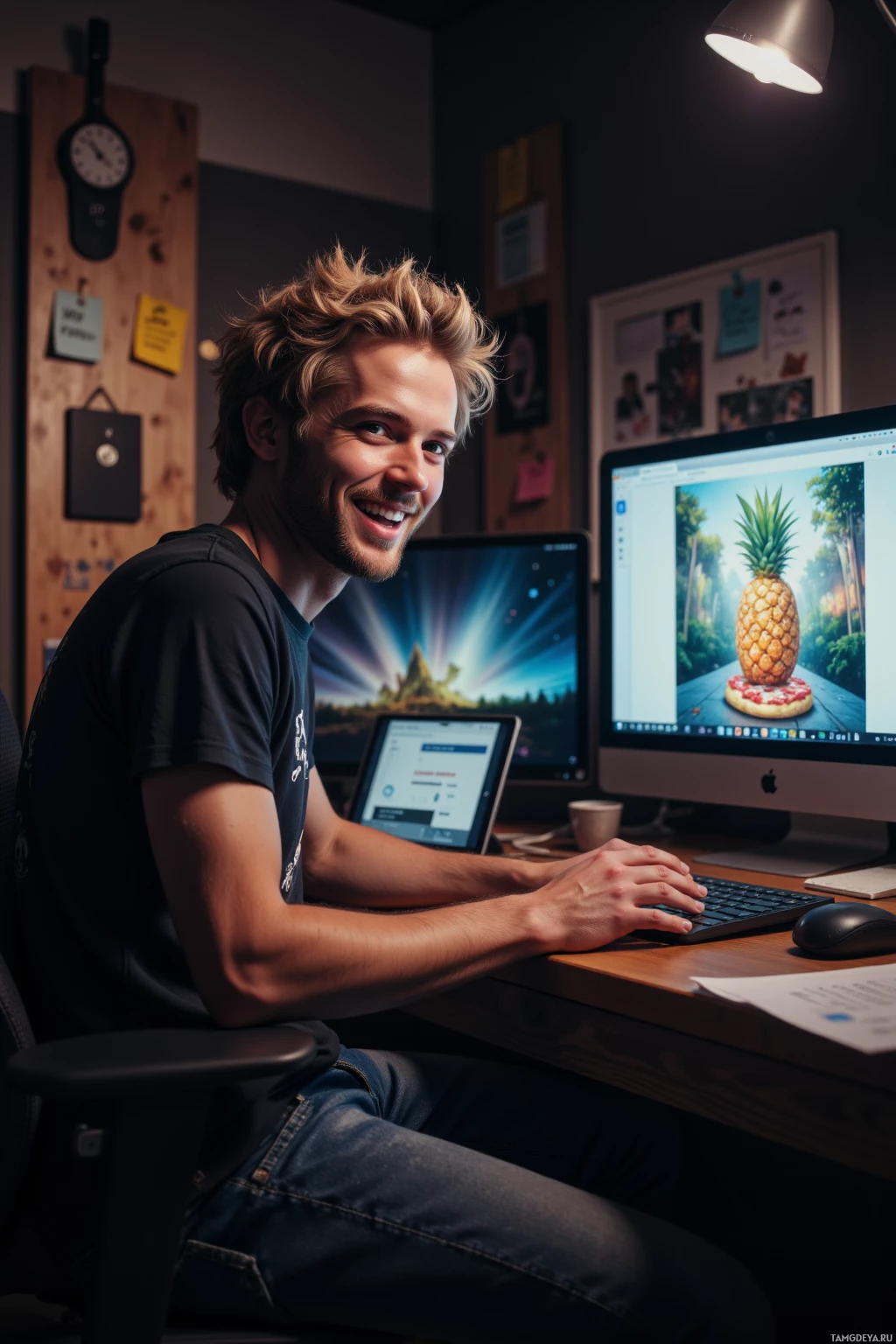 A person is sitting at a desk in a dimly lit room, smiling and working on a computer.