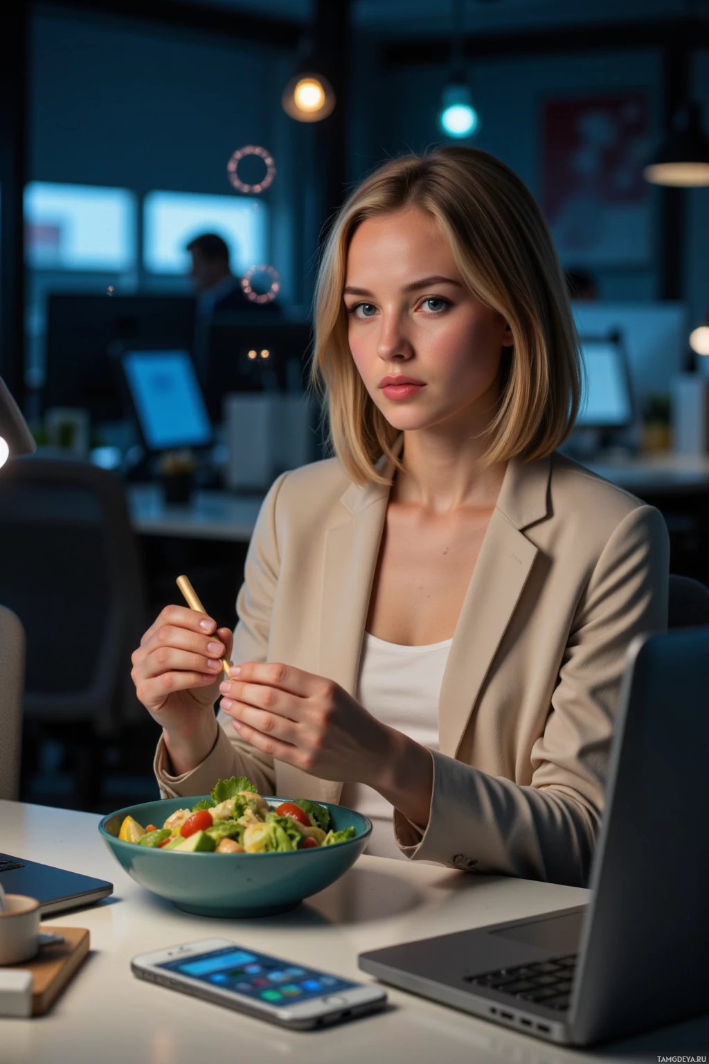 A woman in a professional setting enjoys a salad at her desk.