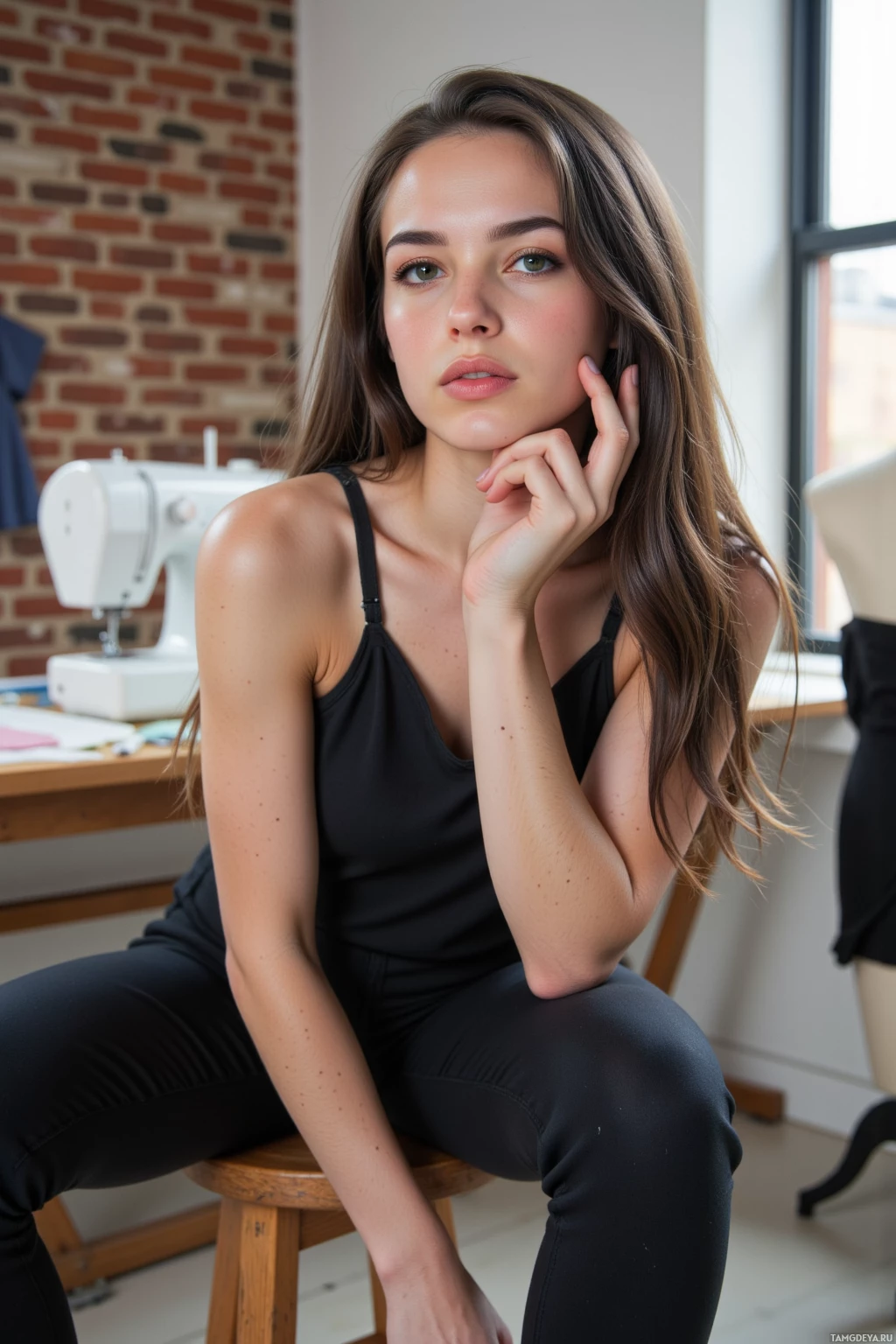A woman in a black tank top and leggings sits on a stool in a room with a brick wall and a sewing machine.
