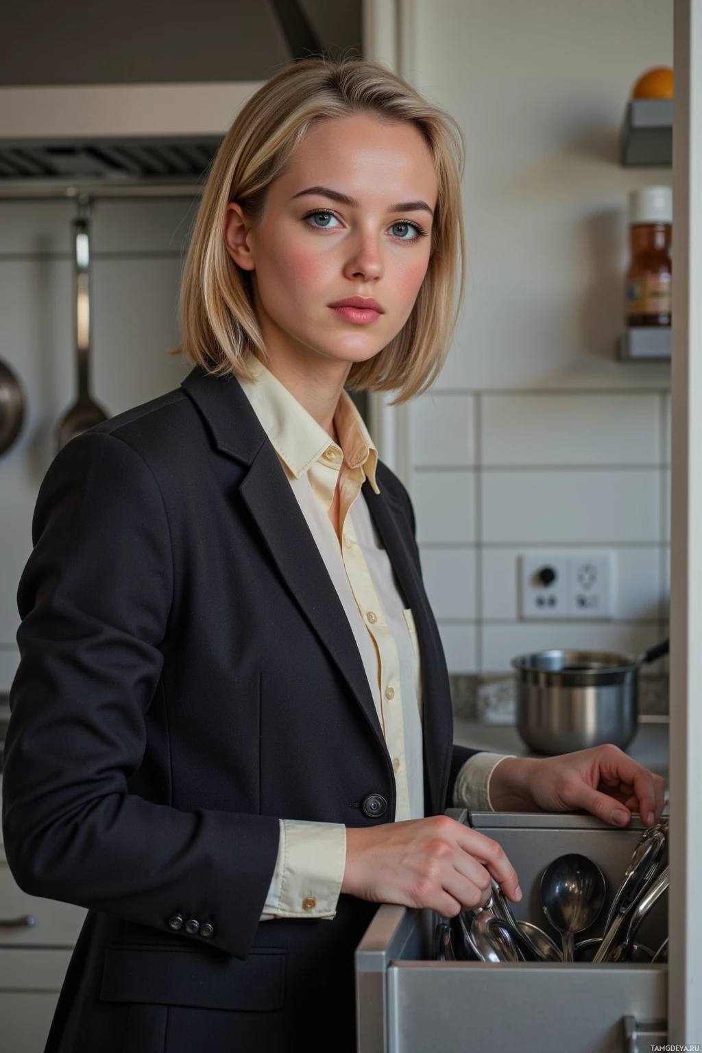 A woman in a suit stands in a kitchen, reaching into a drawer.