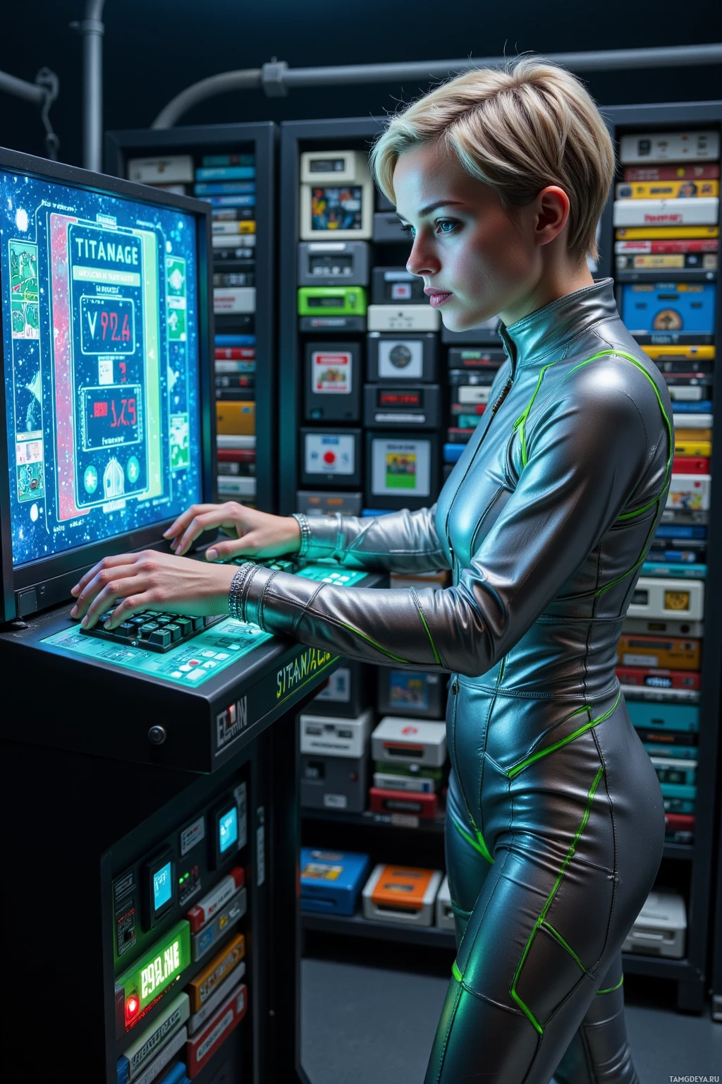 A person in a futuristic outfit is operating a computer terminal in a high-tech environment.
