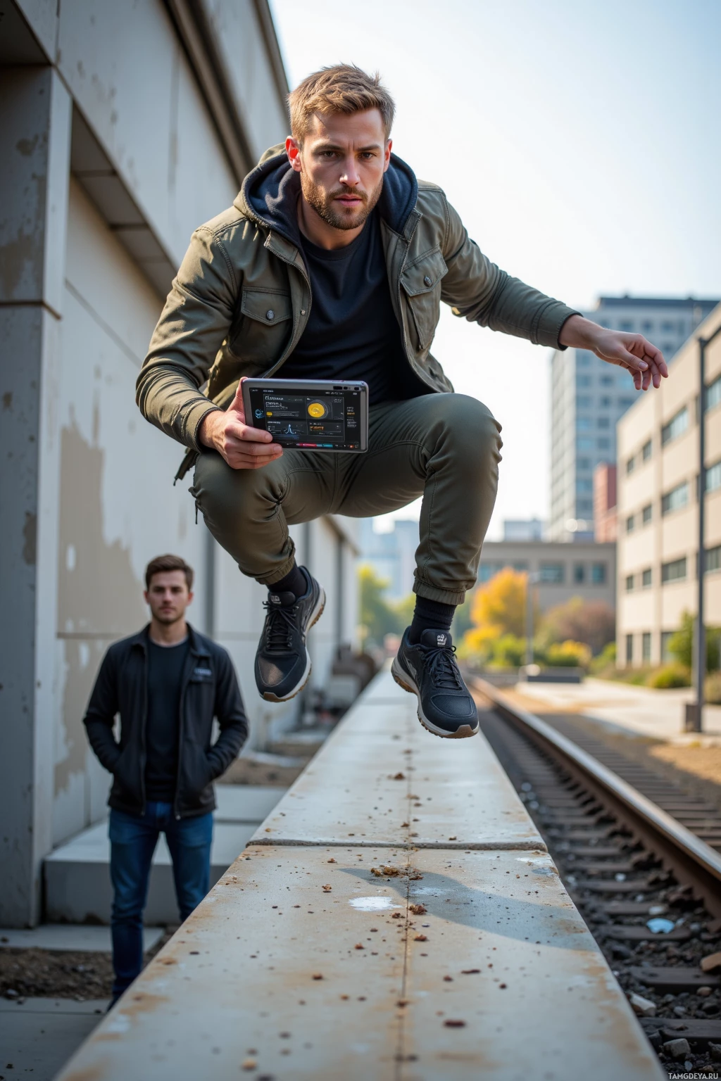 A man in a green jacket and black pants is mid-air, holding a tablet, with another person standing on a railway track in the background.