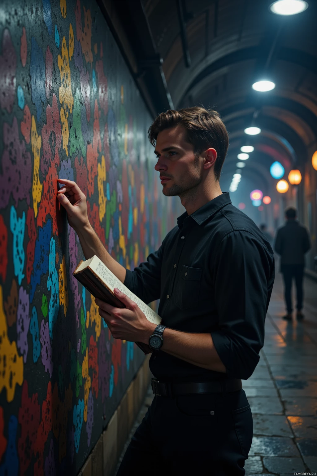 A man in a dark shirt stands in a dimly lit corridor, holding a book and touching a colorful wall.