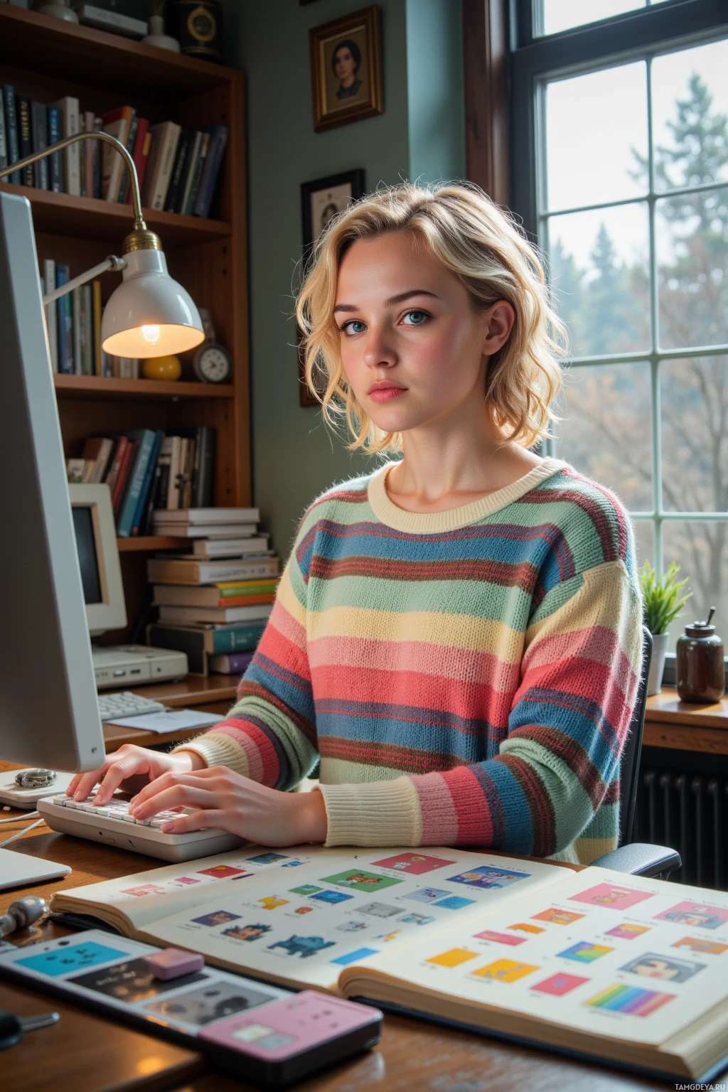 A person wearing a striped sweater is sitting at a desk, typing on a keyboard.
