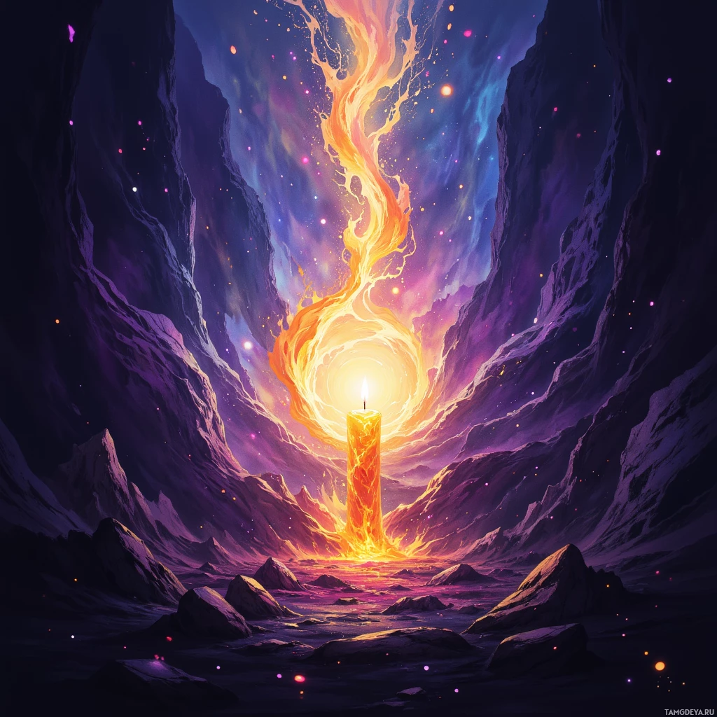 A glowing, fiery portal in a dark, rocky landscape with purple hues and floating particles.