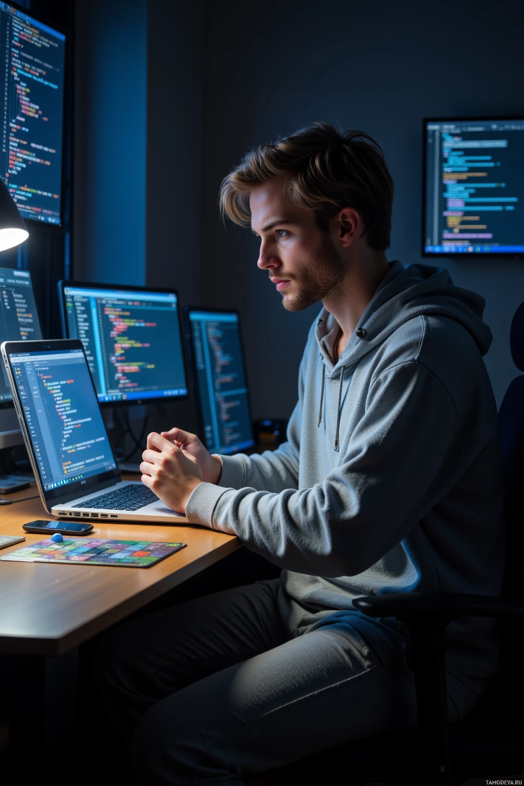 Realistic high quality photo. A 28‑year‑old man with short light brown hair, blue eyes, wearing a loose hoodie and soft gray joggers, sits at a dimly lit home office desk at night, surrounded by eight open code windows on a laptop, a glowing nightlight illuminating his face as he types code without semicolons, a board game in his hands, his expression amused and focused, reflecting his reclusive code alchemy and love for strategy games.
