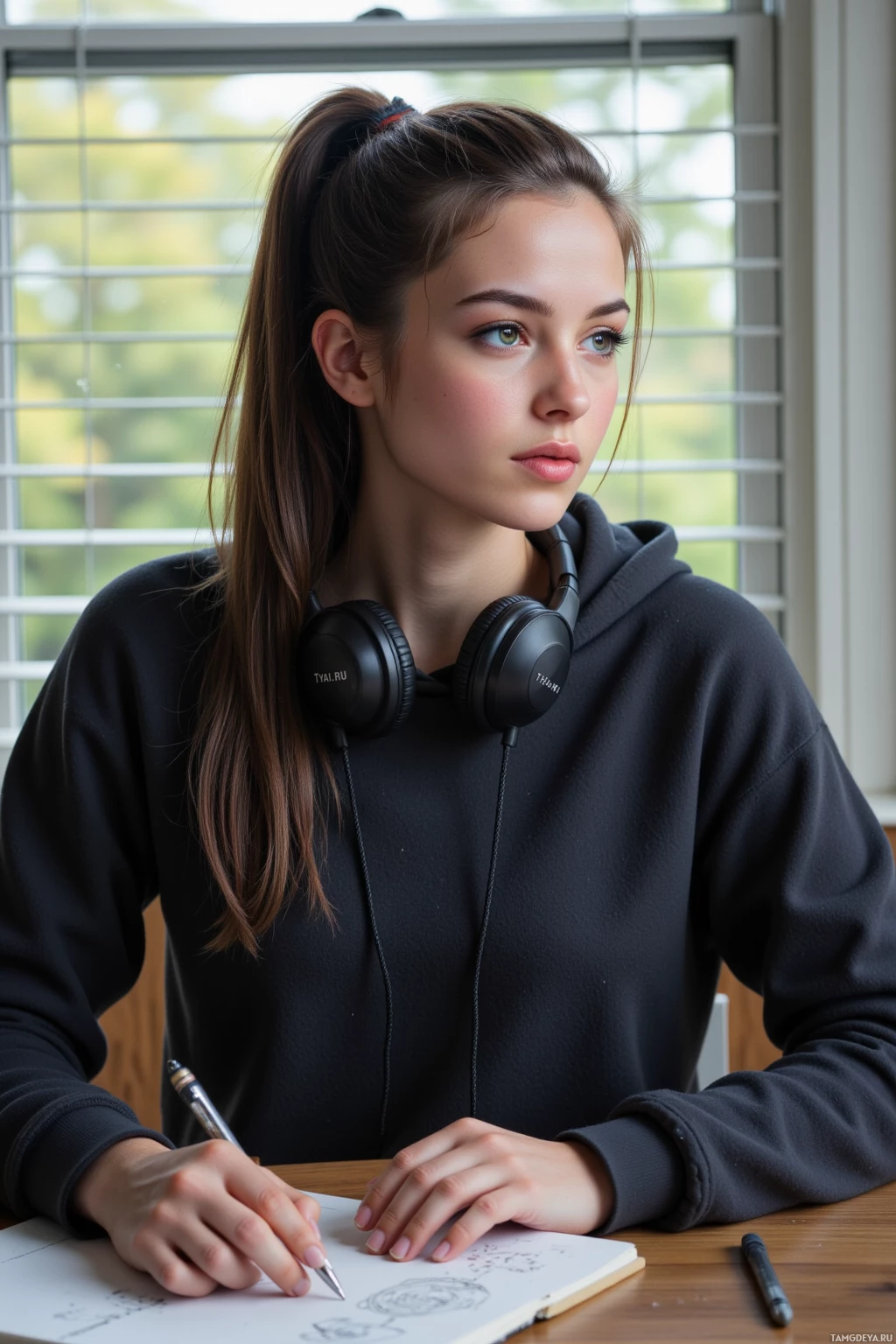 A person wearing a black hoodie and headphones is sitting at a desk, writing in a notebook.