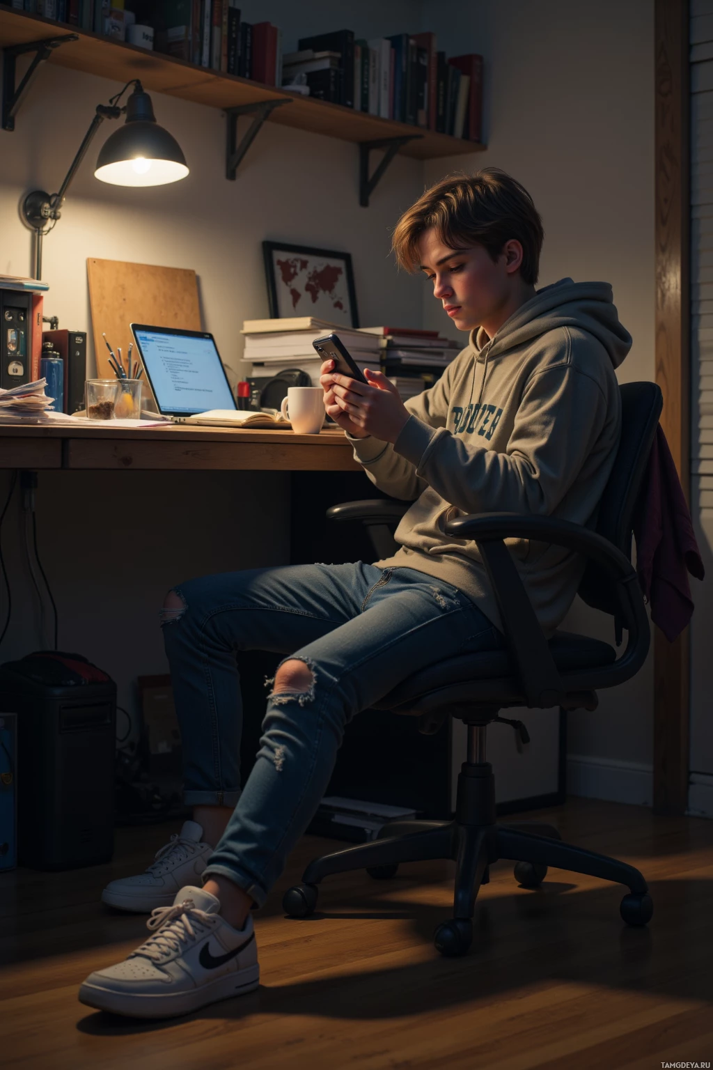 A person sits at a desk in a dimly lit room, using a smartphone.