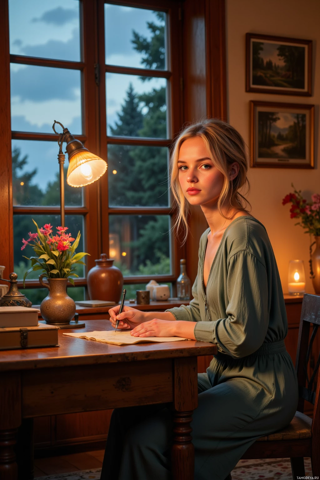 A woman sits at a wooden desk, writing in a notebook under a lamp, with a window and framed pictures in the background.
