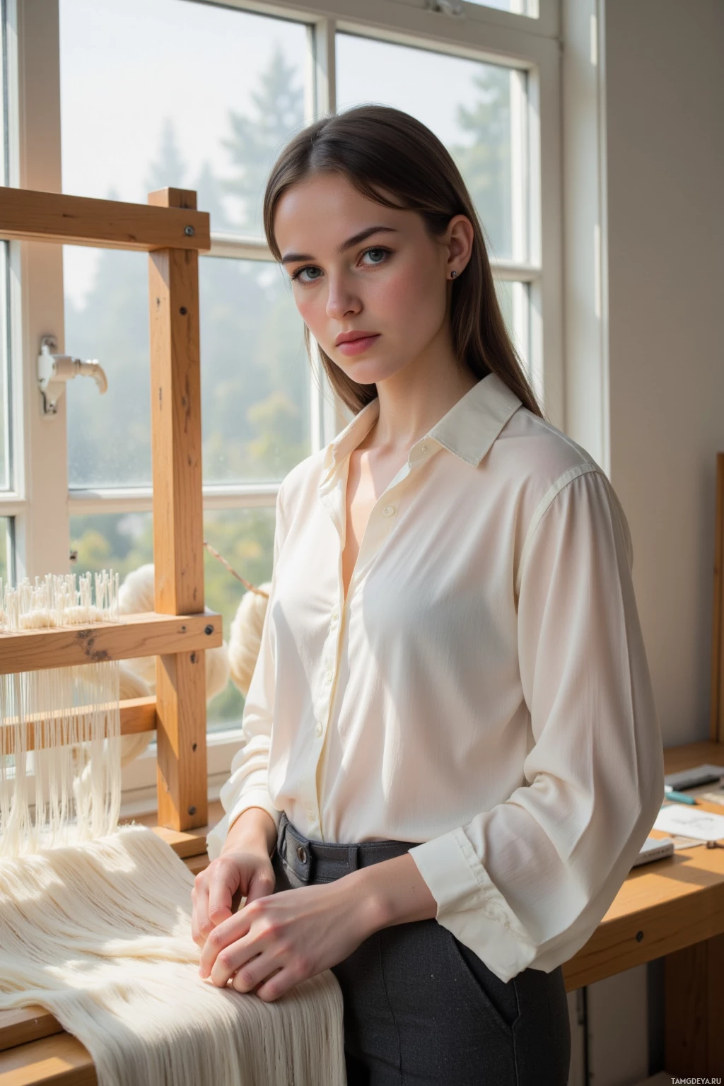 A woman in a white blouse stands near a window with a wooden loom and yarn in the foreground.