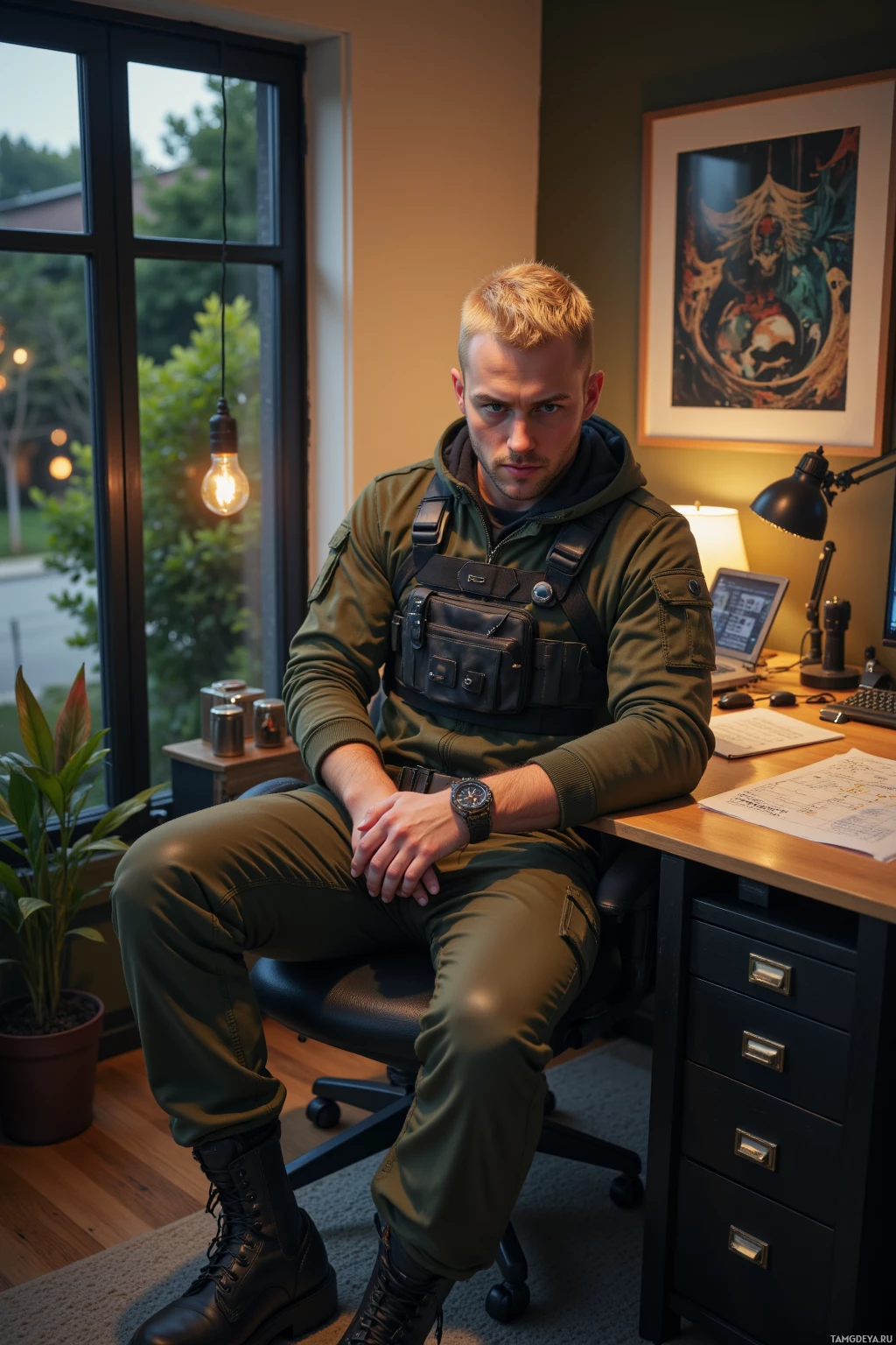 A man in military-style attire sits at a desk in a dimly lit room with a window and artwork on the wall.