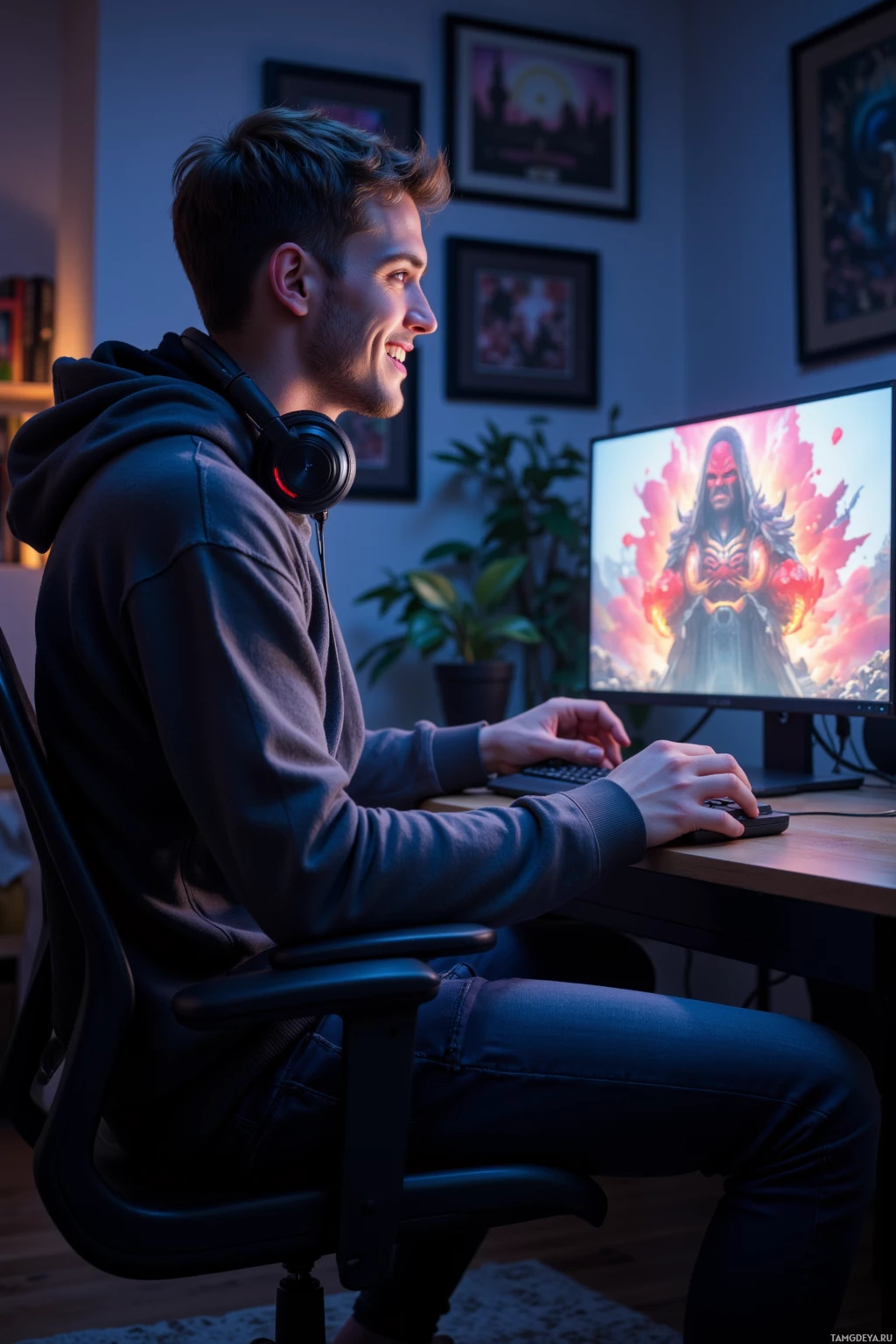 A person wearing headphones sits at a desk, smiling while playing a video game on a computer monitor.