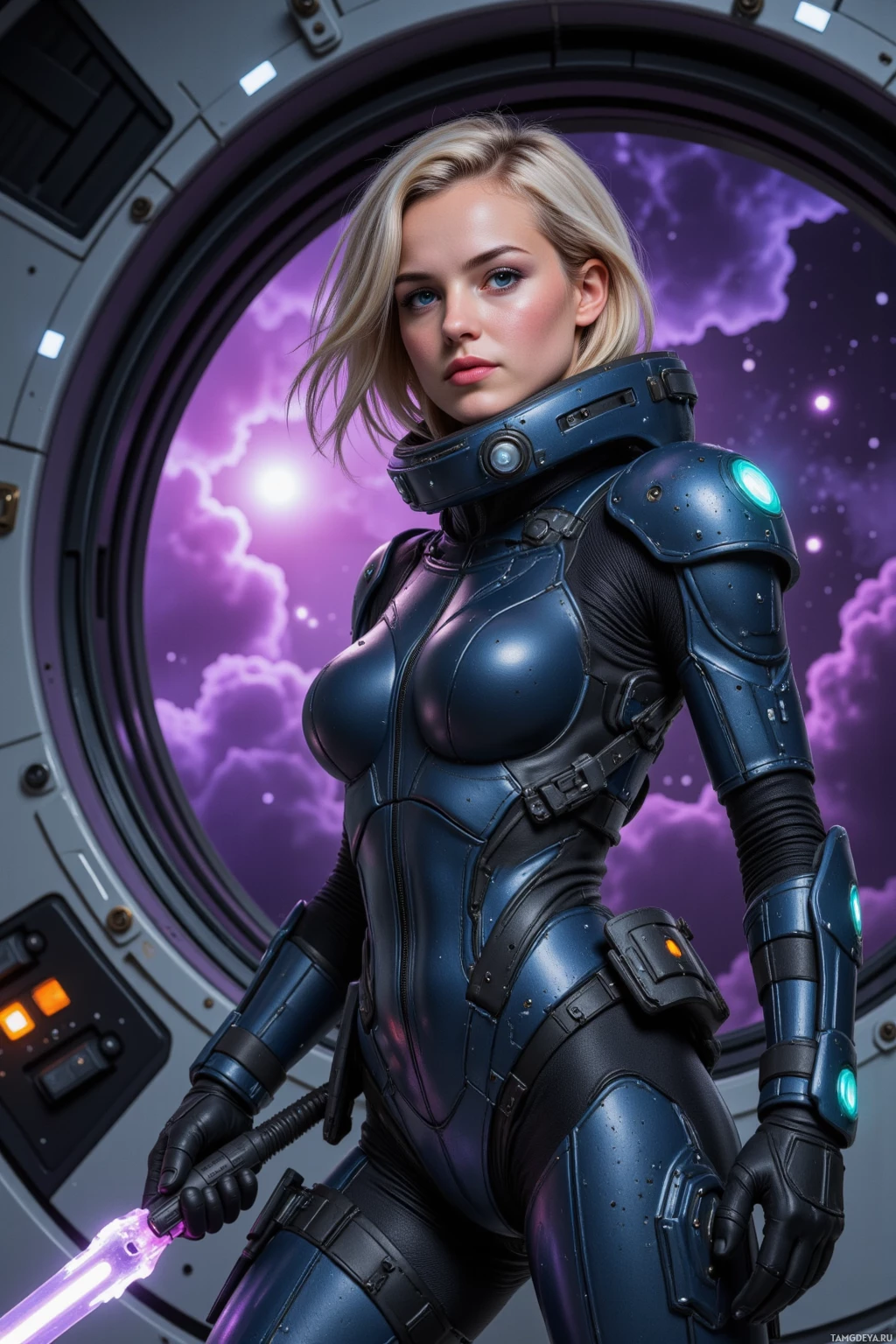 A futuristic armored figure stands in front of a space station, holding a glowing weapon.
